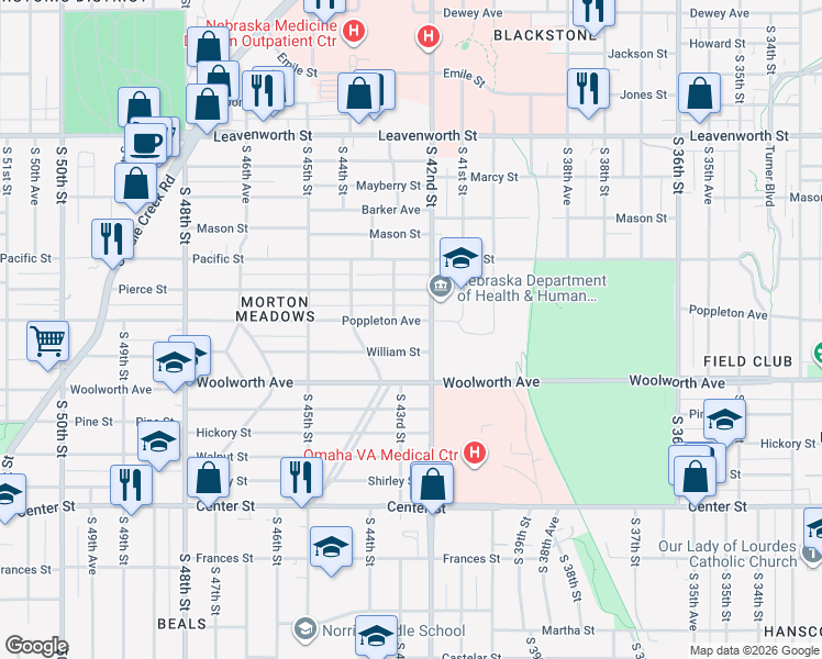 map of restaurants, bars, coffee shops, grocery stores, and more near 4202 Poppleton Avenue in Omaha