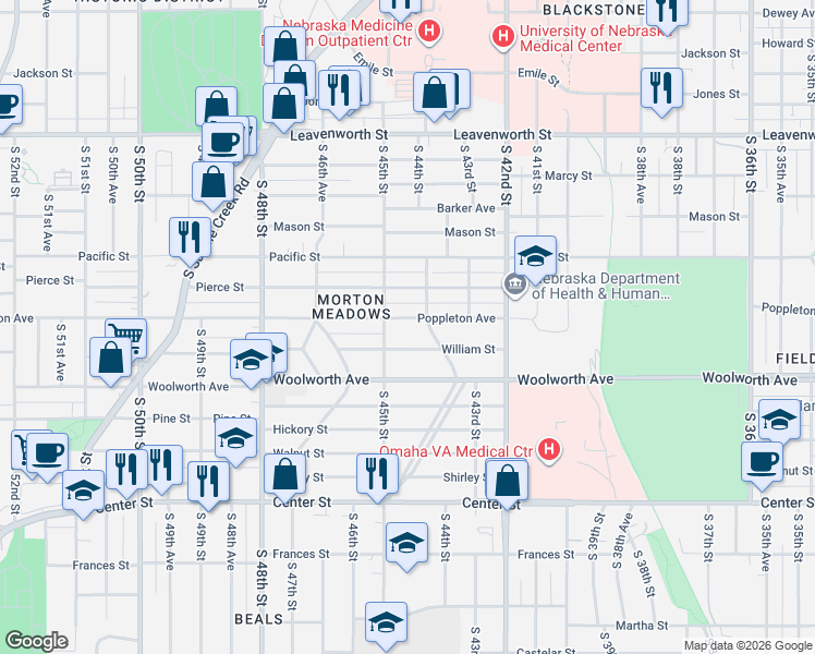 map of restaurants, bars, coffee shops, grocery stores, and more near 4402 Poppleton Avenue in Omaha