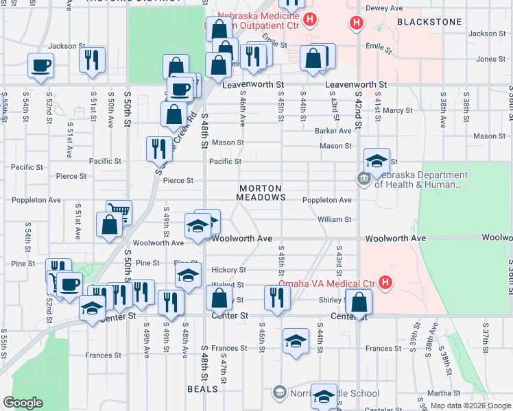 map of restaurants, bars, coffee shops, grocery stores, and more near in Omaha