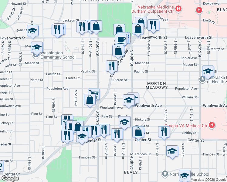 map of restaurants, bars, coffee shops, grocery stores, and more near 4902 Poppleton Avenue in Omaha