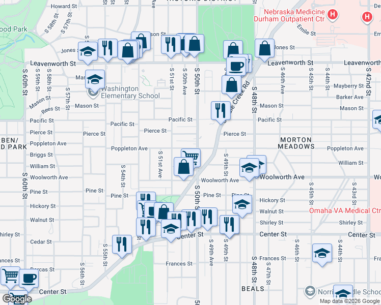map of restaurants, bars, coffee shops, grocery stores, and more near 5016 Poppleton Avenue in Omaha