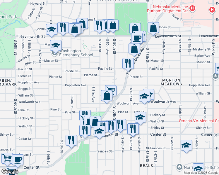 map of restaurants, bars, coffee shops, grocery stores, and more near 5016 Poppleton Avenue in Omaha