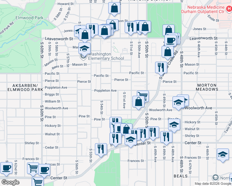 map of restaurants, bars, coffee shops, grocery stores, and more near 5142 Poppleton Avenue in Omaha
