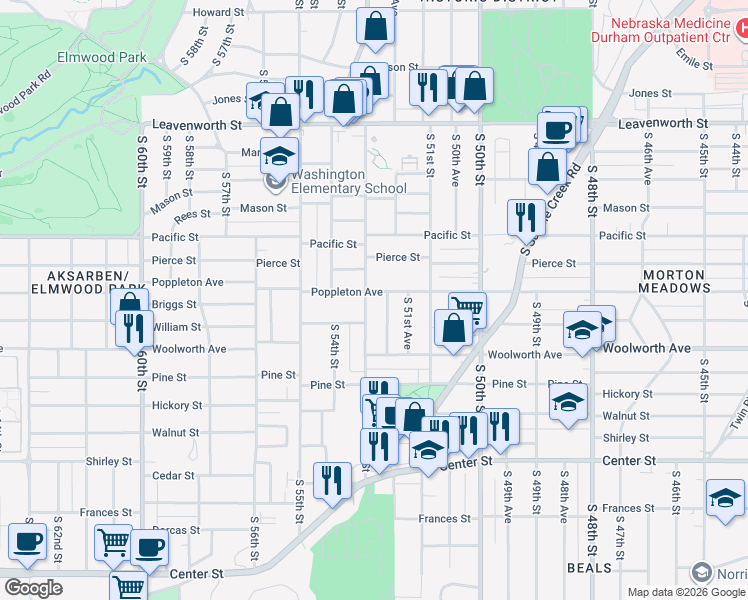 map of restaurants, bars, coffee shops, grocery stores, and more near 1224 South 52nd Street in Omaha