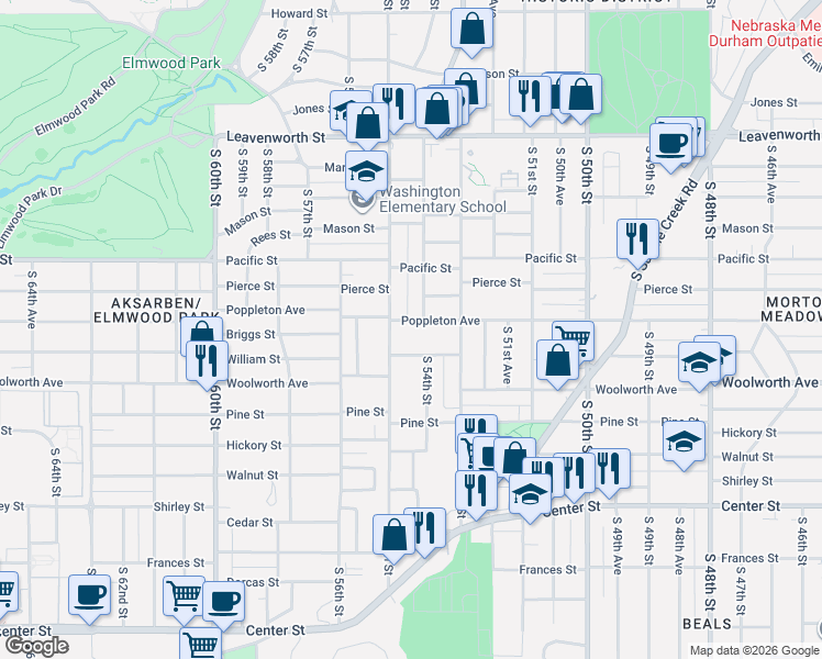 map of restaurants, bars, coffee shops, grocery stores, and more near 5408 Poppleton Avenue in Omaha
