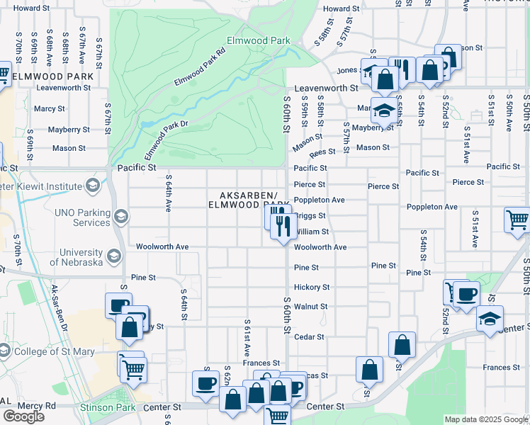 map of restaurants, bars, coffee shops, grocery stores, and more near 6028 Poppleton Avenue in Omaha