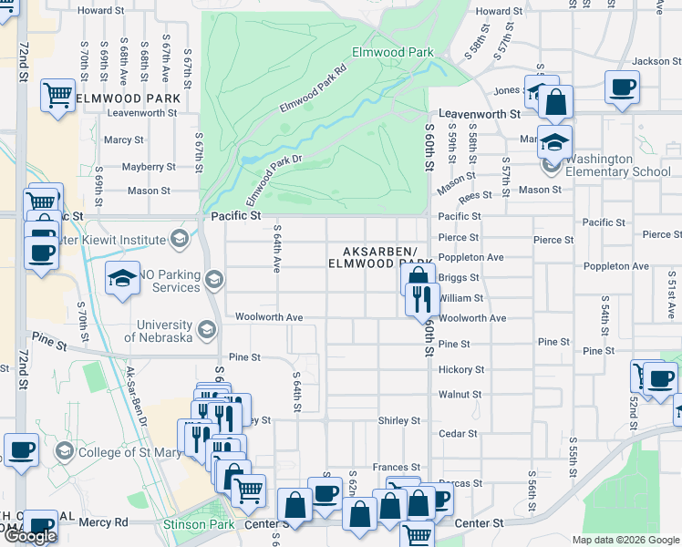 map of restaurants, bars, coffee shops, grocery stores, and more near 6228 Poppleton Avenue in Omaha