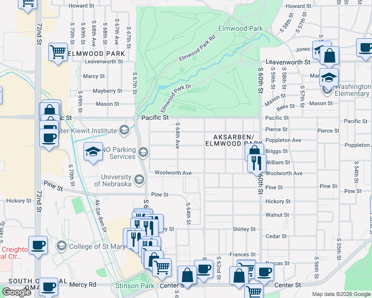 map of restaurants, bars, coffee shops, grocery stores, and more near 6324 Poppleton Avenue in Omaha