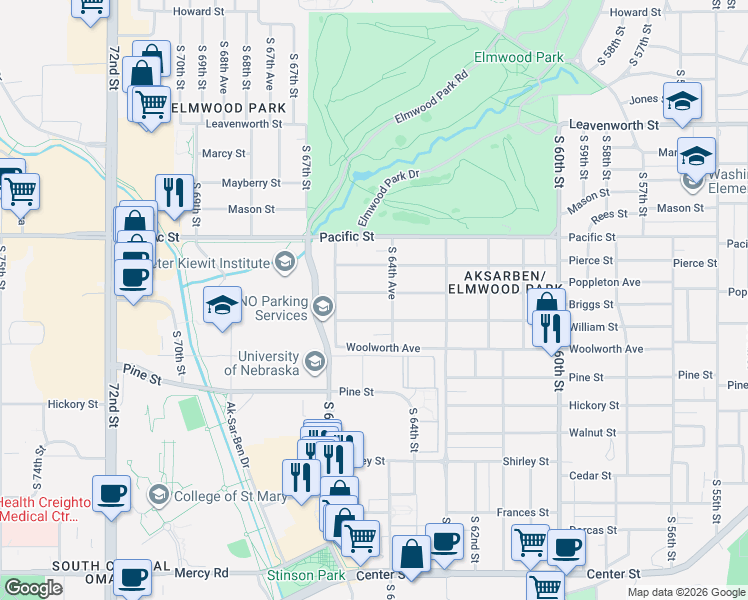 map of restaurants, bars, coffee shops, grocery stores, and more near 1218 South 64th Avenue in Omaha