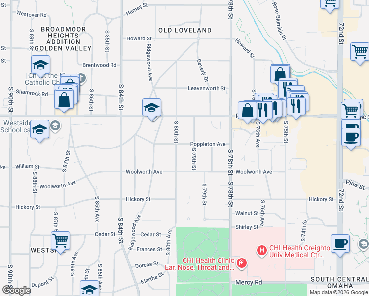 map of restaurants, bars, coffee shops, grocery stores, and more near 7909 Poppleton Avenue in Omaha
