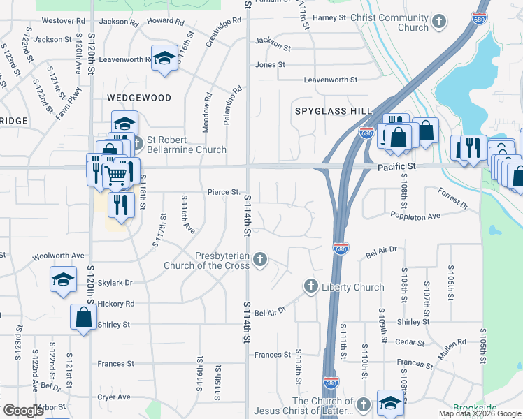 map of restaurants, bars, coffee shops, grocery stores, and more near 11320 Pierce Plaza in Omaha