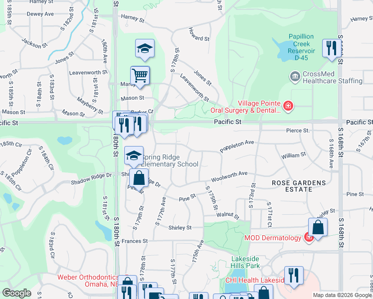 map of restaurants, bars, coffee shops, grocery stores, and more near 17607 Poppleton Avenue in Omaha