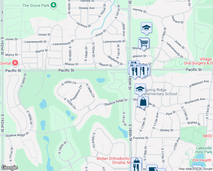 map of restaurants, bars, coffee shops, grocery stores, and more near 1316 South 181st Plaza in Omaha