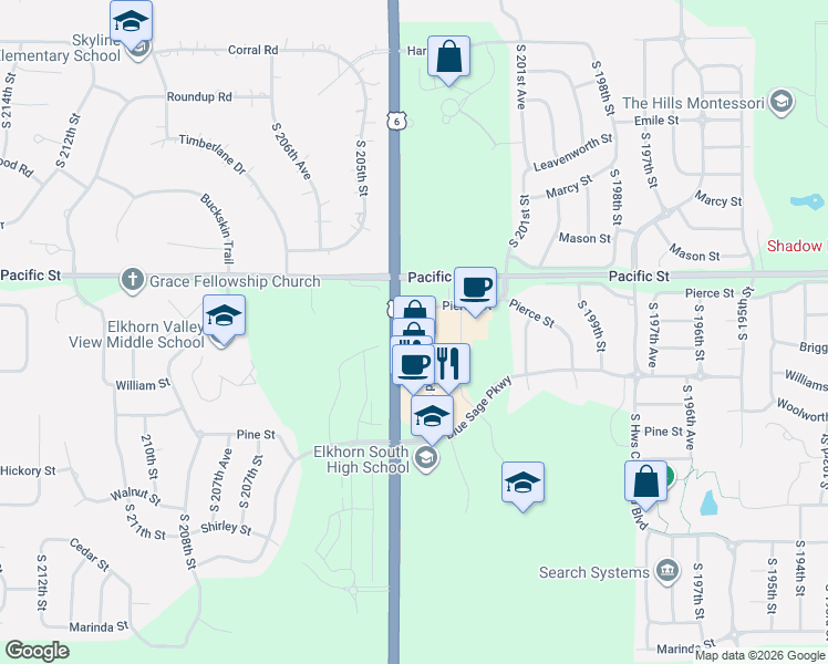 map of restaurants, bars, coffee shops, grocery stores, and more near 1101-2101 South 204th Street in Elkhorn