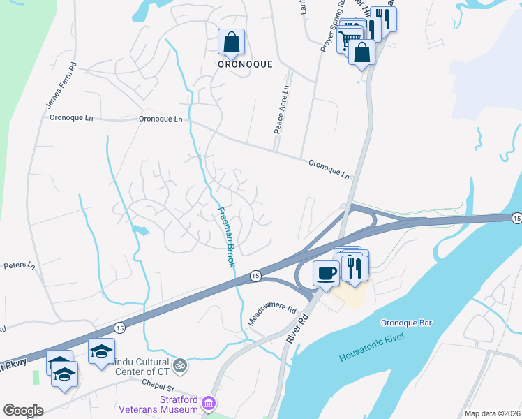 map of restaurants, bars, coffee shops, grocery stores, and more near 391 Ottawa Lane in Stratford