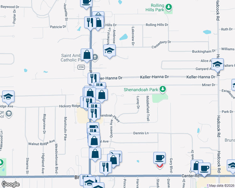 map of restaurants, bars, coffee shops, grocery stores, and more near 4202 Miner Drive in Brunswick