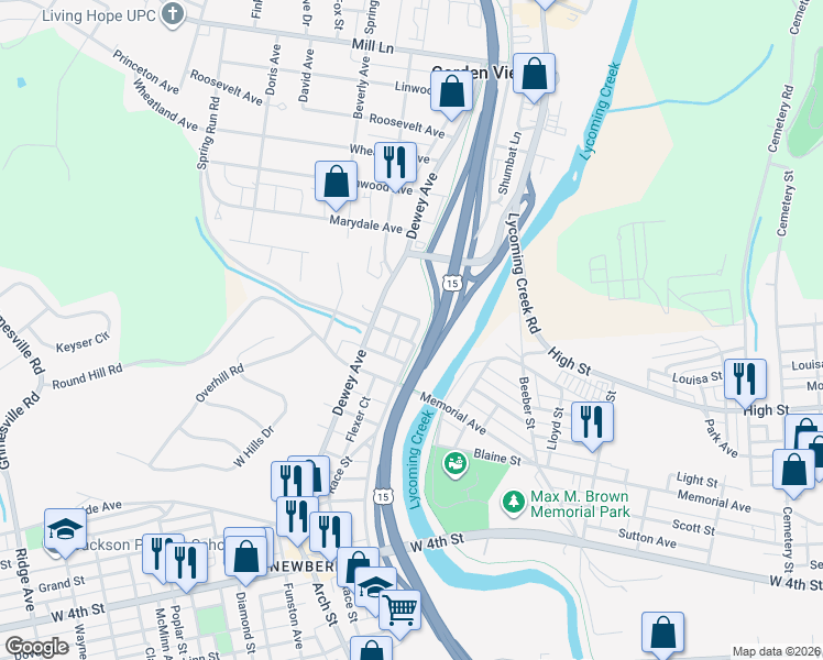 map of restaurants, bars, coffee shops, grocery stores, and more near Cenpro Ln in Williamsport