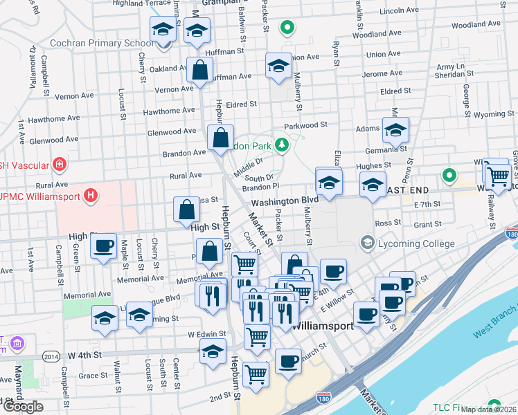 map of restaurants, bars, coffee shops, grocery stores, and more near 9 Washington Boulevard in Williamsport