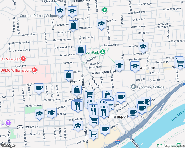 map of restaurants, bars, coffee shops, grocery stores, and more near 9 Washington Boulevard in Williamsport