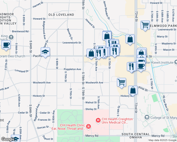 map of restaurants, bars, coffee shops, grocery stores, and more near 7616 Pierce Street in Omaha