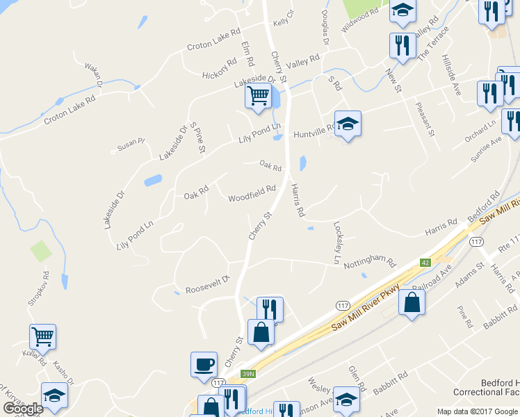 map of restaurants, bars, coffee shops, grocery stores, and more near 341 Cherry Street in Bedford Hills