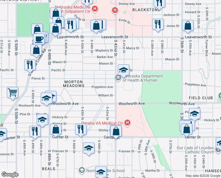 map of restaurants, bars, coffee shops, grocery stores, and more near 4202 Poppleton Avenue in Omaha