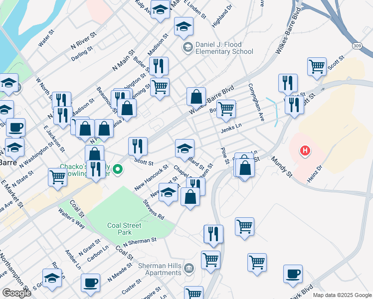 map of restaurants, bars, coffee shops, grocery stores, and more near 246 Scott Street in Wilkes-Barre