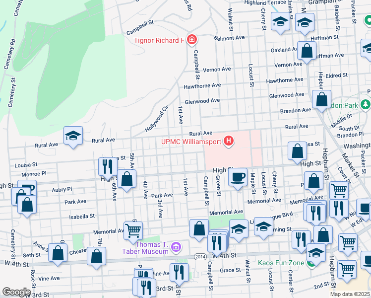 map of restaurants, bars, coffee shops, grocery stores, and more near 800 1st Avenue in Williamsport