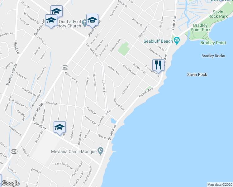 map of restaurants, bars, coffee shops, grocery stores, and more near 61 Seaview Avenue in West Haven