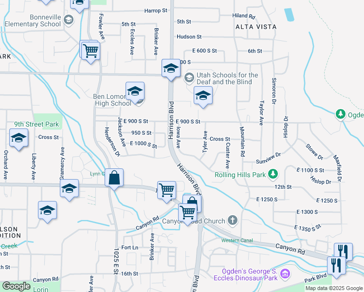 map of restaurants, bars, coffee shops, grocery stores, and more near 1229 Cross Street in Ogden