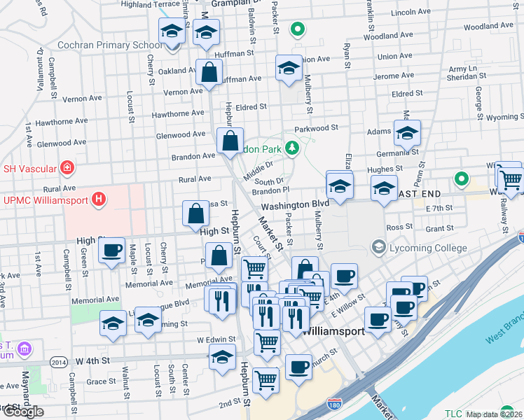 map of restaurants, bars, coffee shops, grocery stores, and more near 9 Washington Boulevard in Williamsport