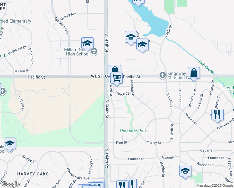 map of restaurants, bars, coffee shops, grocery stores, and more near 14202 Pierce Court in Omaha