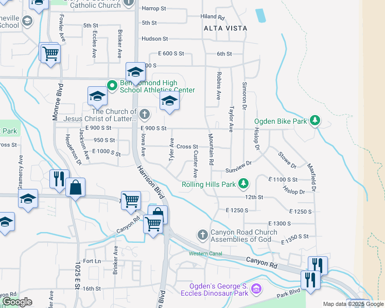 map of restaurants, bars, coffee shops, grocery stores, and more near 975 Custer Avenue in Ogden
