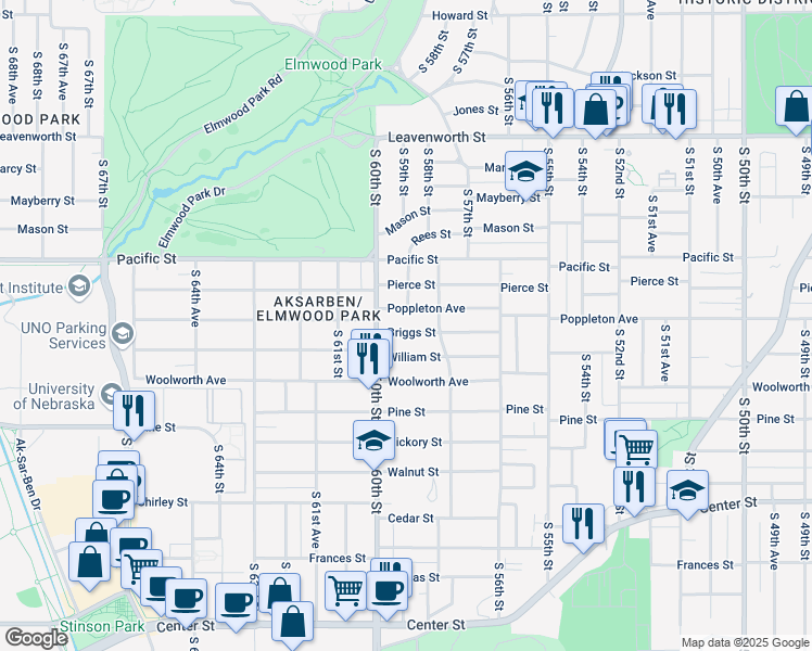 map of restaurants, bars, coffee shops, grocery stores, and more near 5817 Poppleton Avenue in Omaha
