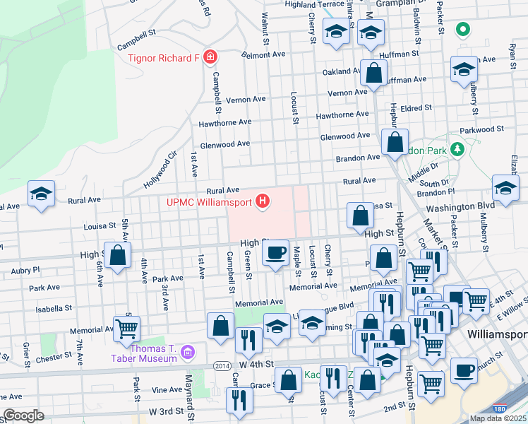 map of restaurants, bars, coffee shops, grocery stores, and more near 777 Rural Avenue in Williamsport