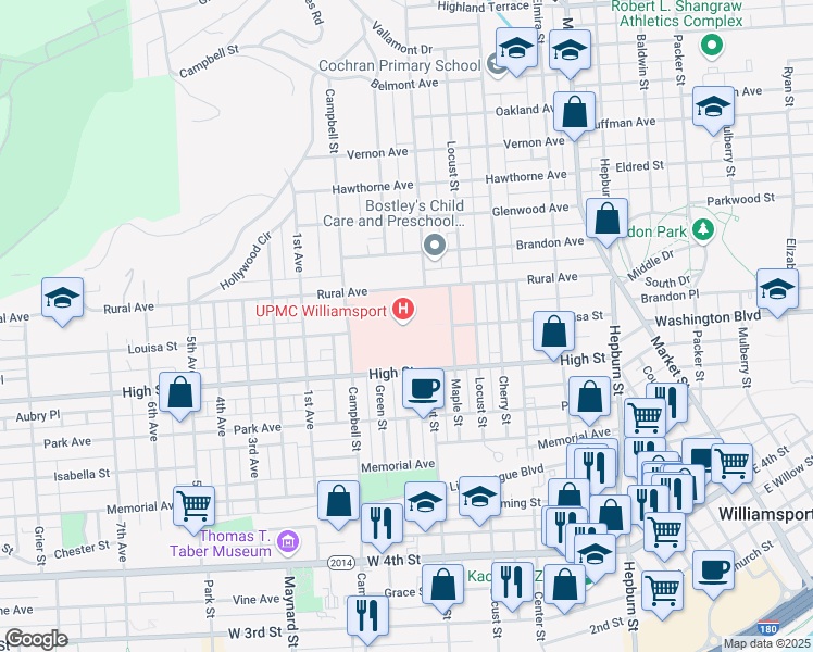 map of restaurants, bars, coffee shops, grocery stores, and more near 777 Rural Avenue in Williamsport