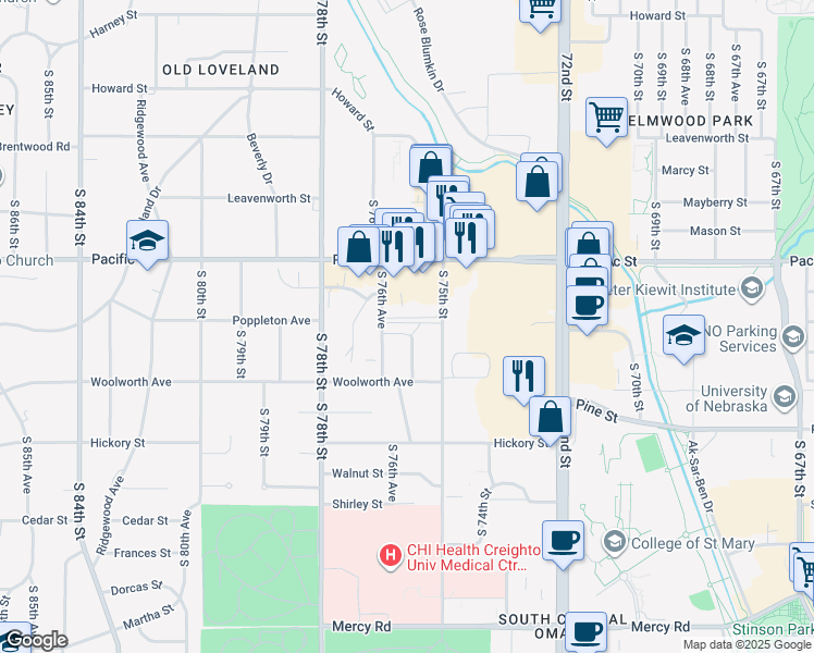 map of restaurants, bars, coffee shops, grocery stores, and more near 7610 Briggs Street in Omaha