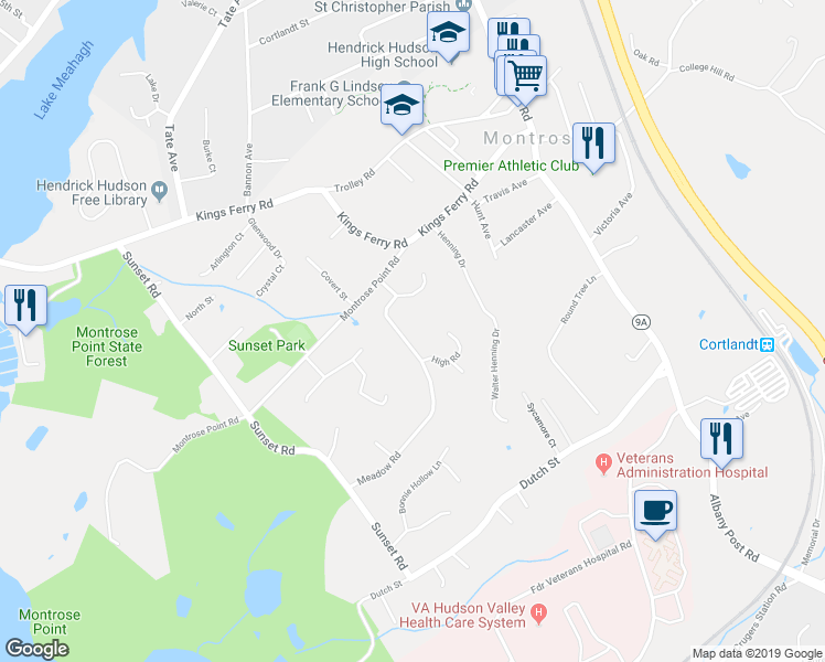 map of restaurants, bars, coffee shops, grocery stores, and more near 16 Meadow Road in Montrose