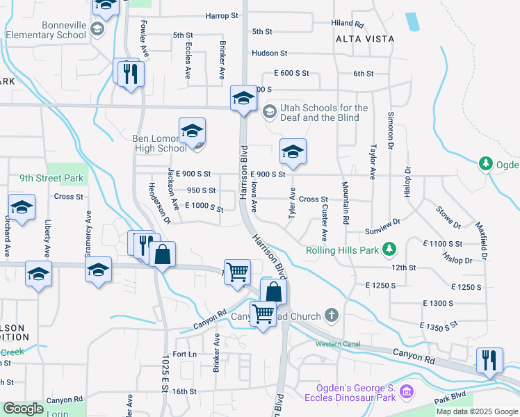 map of restaurants, bars, coffee shops, grocery stores, and more near 1229 Cross Street in Ogden