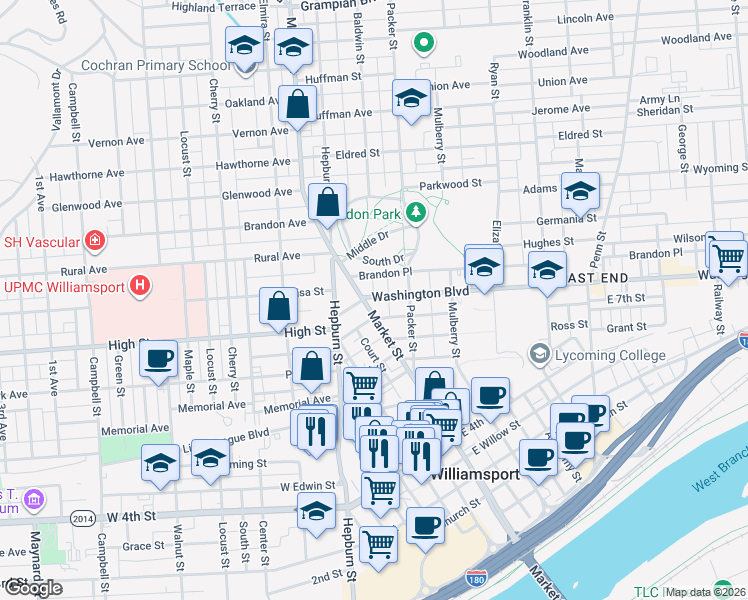 map of restaurants, bars, coffee shops, grocery stores, and more near 9 Washington Boulevard in Williamsport