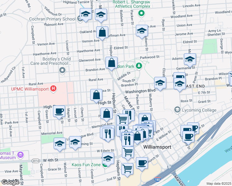 map of restaurants, bars, coffee shops, grocery stores, and more near 814 Hepburn Street in Williamsport