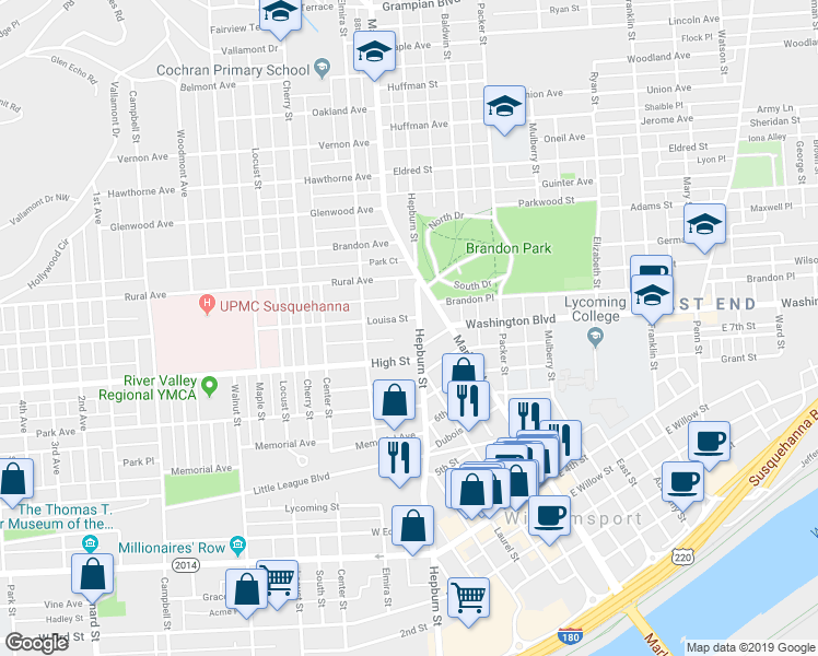 map of restaurants, bars, coffee shops, grocery stores, and more near 814 Hepburn Street in Williamsport