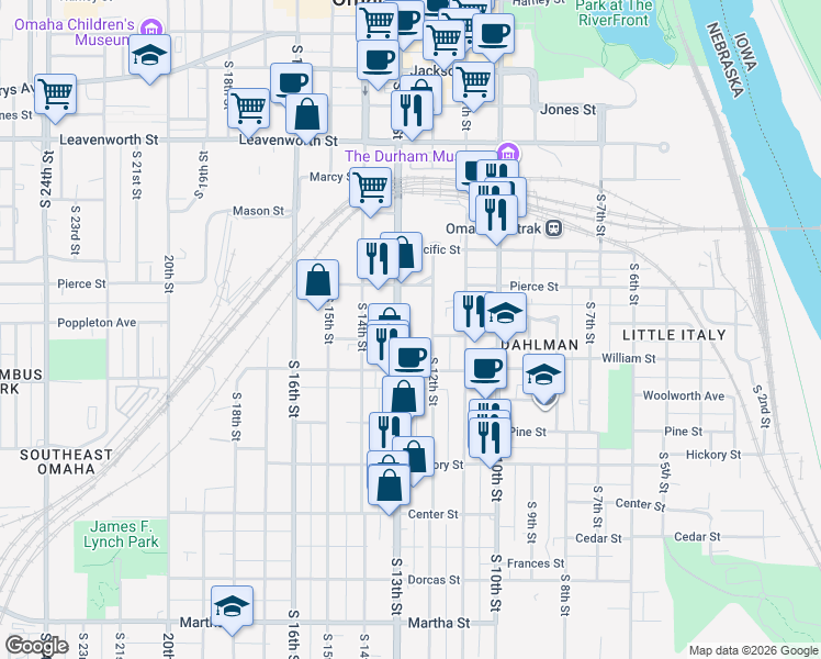 map of restaurants, bars, coffee shops, grocery stores, and more near 1222 South 12th Street in Omaha