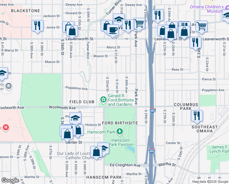 map of restaurants, bars, coffee shops, grocery stores, and more near 3124 Poppleton Avenue in Omaha