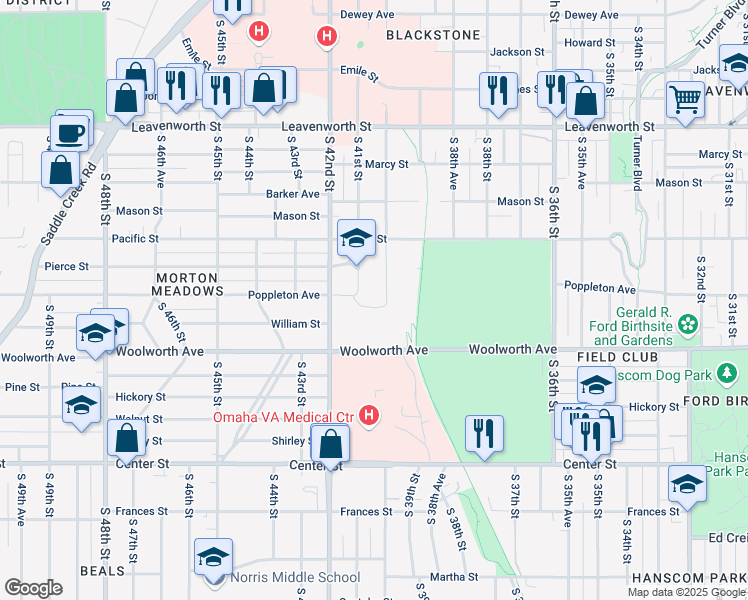 map of restaurants, bars, coffee shops, grocery stores, and more near 1301 South 41st Street in Omaha