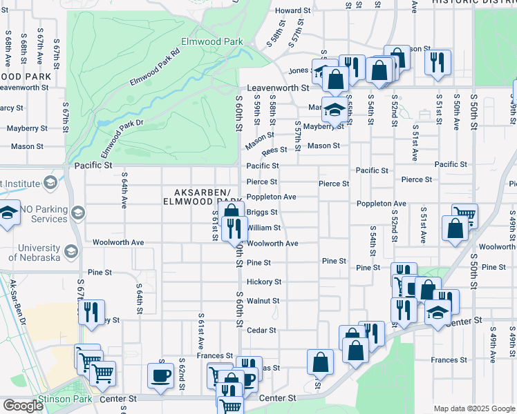 map of restaurants, bars, coffee shops, grocery stores, and more near 5817 Poppleton Avenue in Omaha