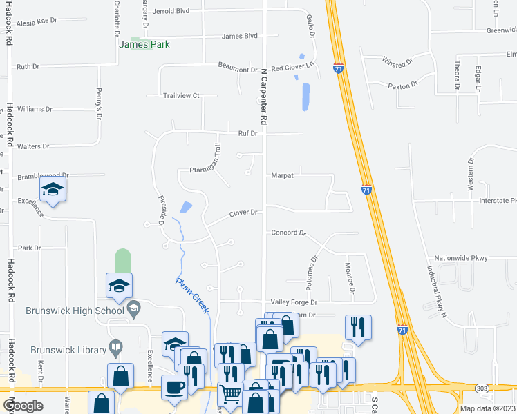 map of restaurants, bars, coffee shops, grocery stores, and more near 3407 Clover Drive in Brunswick
