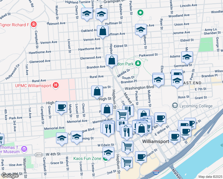 map of restaurants, bars, coffee shops, grocery stores, and more near 727 Hepburn Street in Williamsport