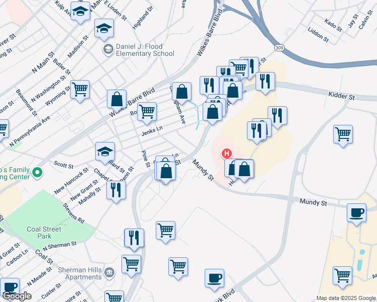 map of restaurants, bars, coffee shops, grocery stores, and more near 24-26 Mundy St in Wilkes-Barre