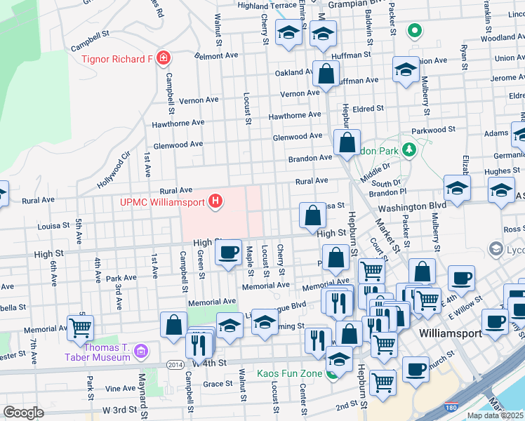 map of restaurants, bars, coffee shops, grocery stores, and more near 600 Louisa Street in Williamsport
